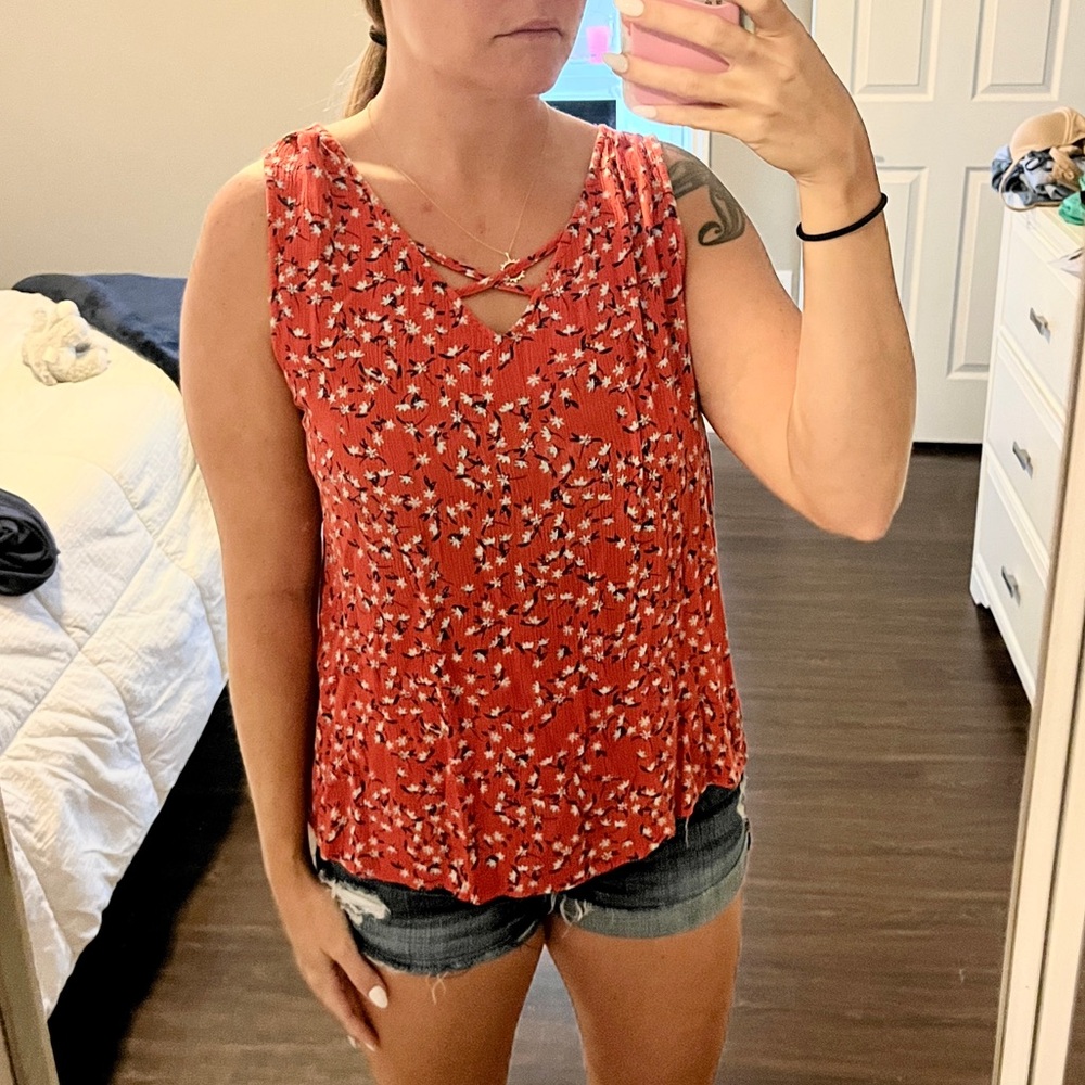 A.N.A Orange Floral Tank Top w/ Criss Cross Neckline